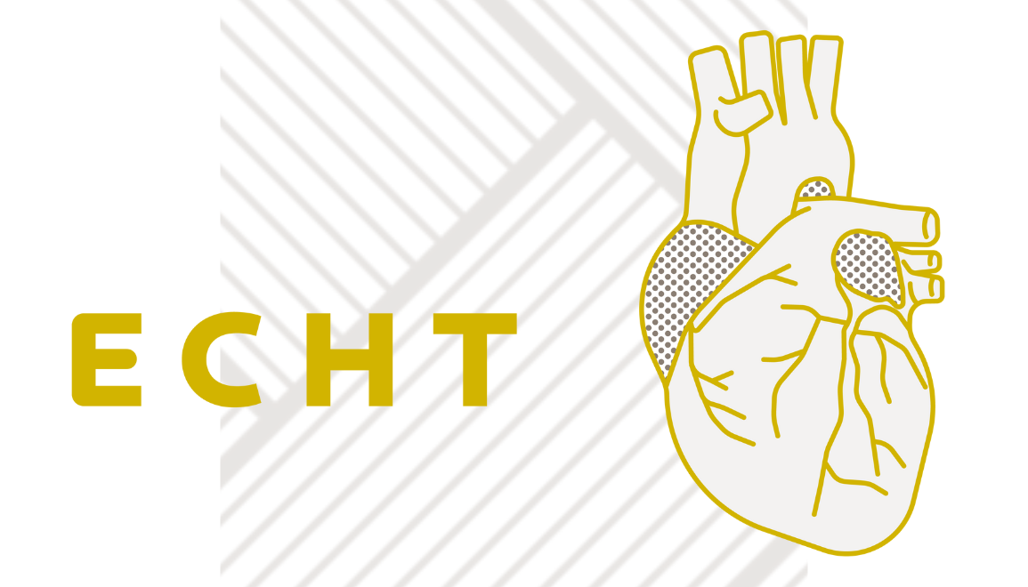 Eine Grafik eines minimalistischen anatomischen Herzens. Daneben steht das Wort "echt".