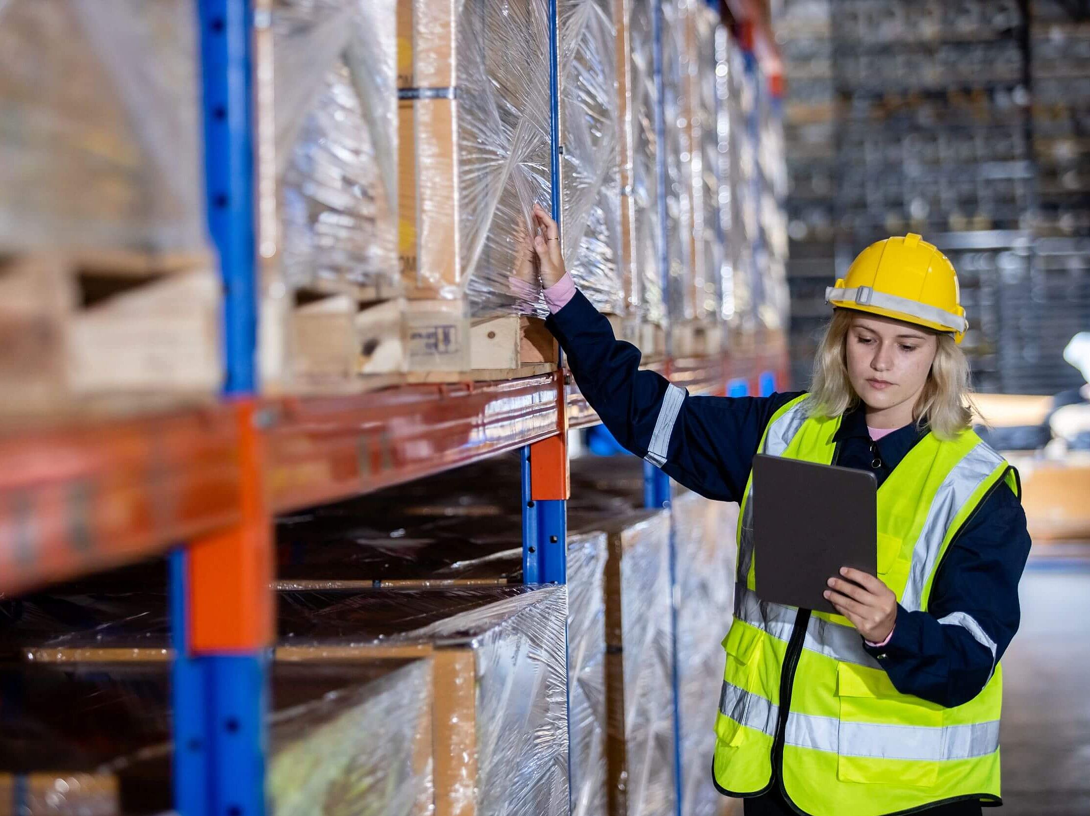 Frau in Sicherheitsbekleidung in einem Warenlager schaut auf ein Tablet
