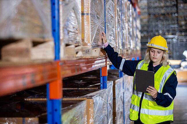 Frau in Sicherheitsbekleidung in einem Warenlager schaut auf ein Tablet