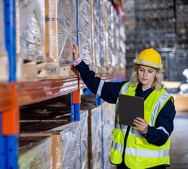 Frau in Sicherheitsbekleidung in einem Warenlager schaut auf ein Tablet