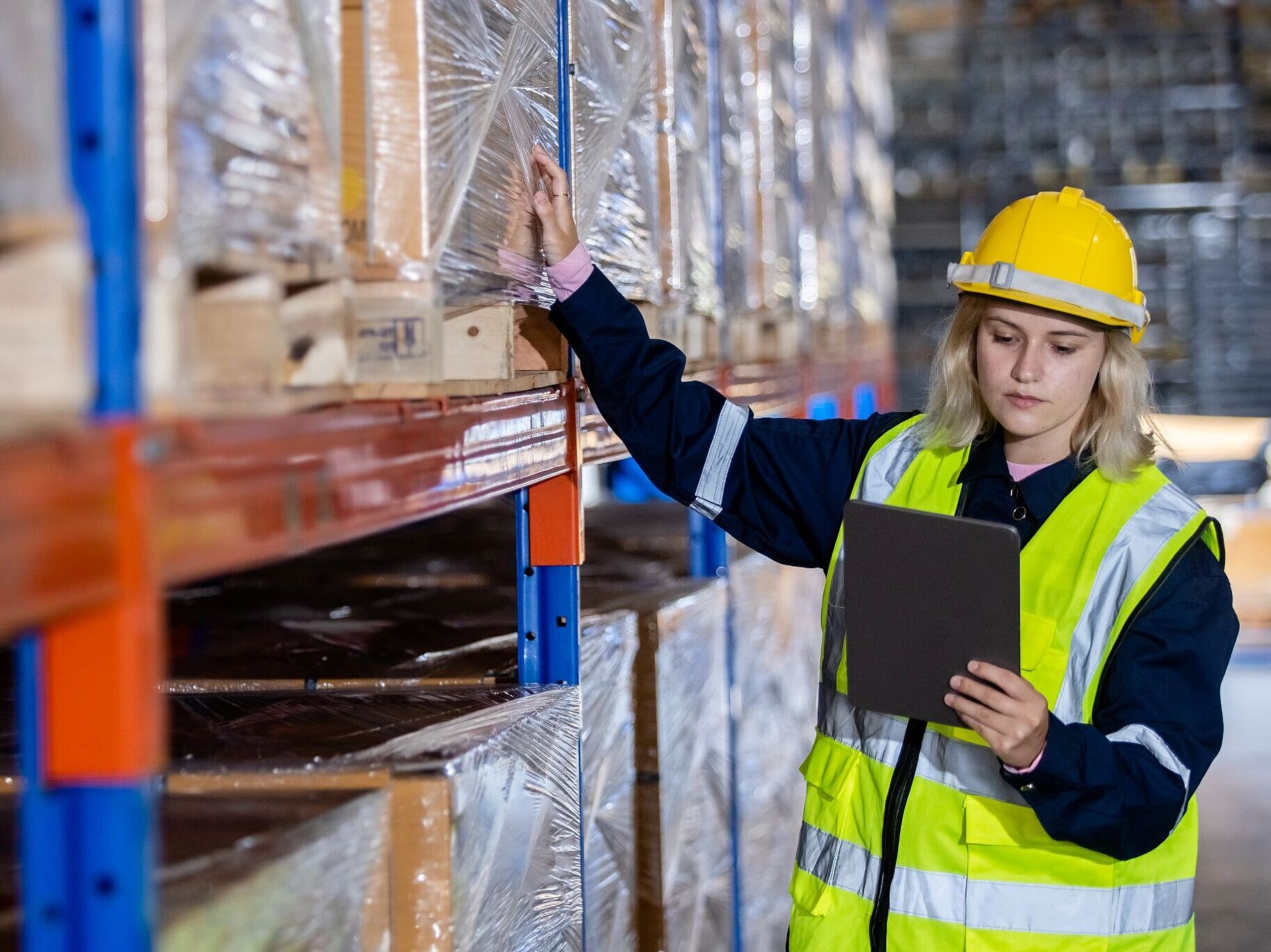 Stückgut-Logistik Software Frau in Sicherheitsbekleidung in einem Warenlager schaut auf ein Tablet