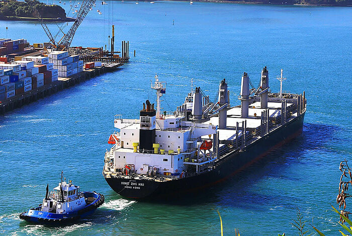 Auf dem Bild ist ein großes Schiff zu erkennen, welches durch die Bucht von einem anderen kleinen Schiff gelotst wird. Im Hintergrund ist eine Berglandschaft zu erkennen. 