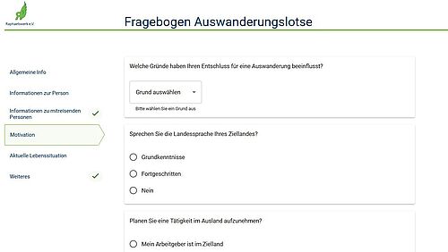 Darstellung des Online-Formulars Auswanderungslotse