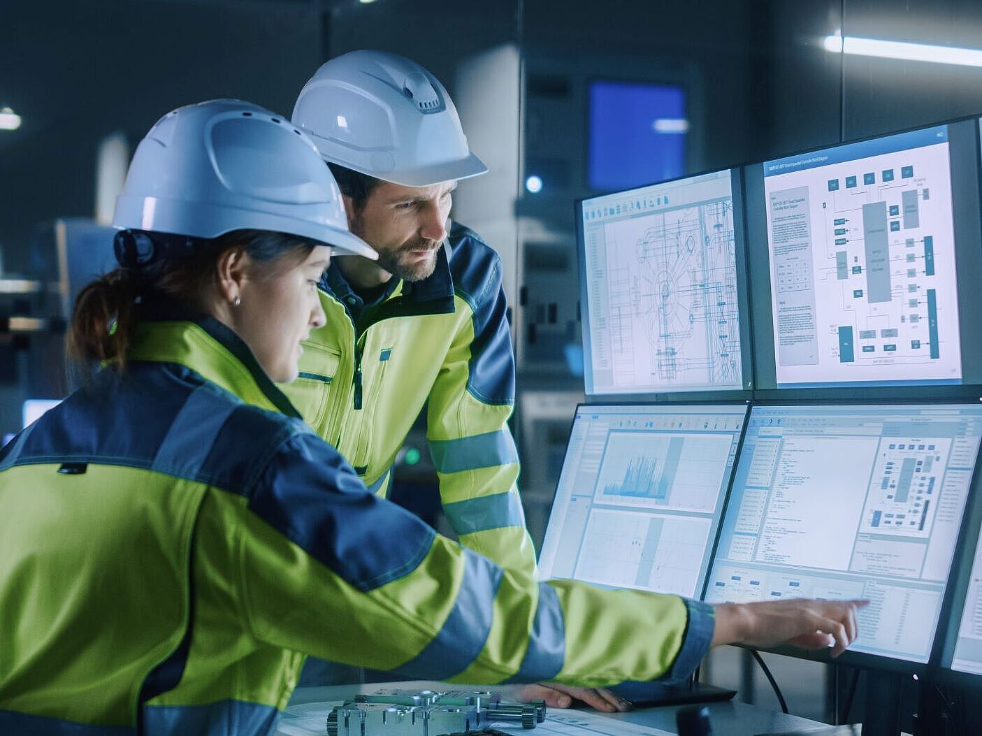 Industrie 4.0 automatisierte Vorhersage Mann und Frau in Sicherheitsbekleidung schauen in einem Kontrollraum auf Monitore