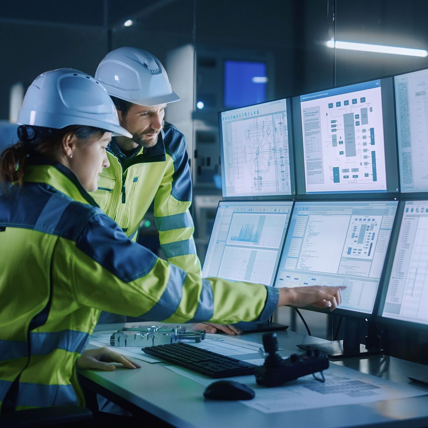 Industrie 4.0 automatisierte Vorhersage Mann und Frau in Sicherheitsbekleidung schauen in einem Kontrollraum auf Monitore