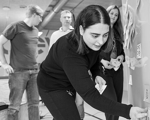 Eine Frau beklebt ein Whiteboard mit Haftnotiz-Zetteln. Im Hintergrund weitere Personen.