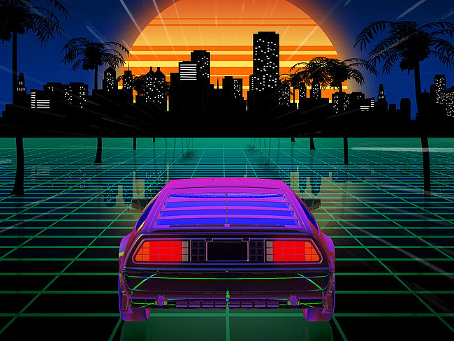 Futuristische Computeranimation eines Autos, das in den Sonnenuntergang fährt