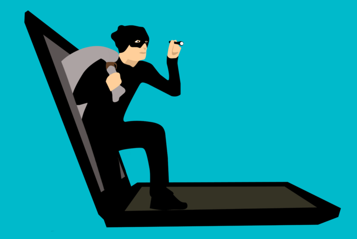 Grafik mit einem Hacker, der aus einem Laptop steigt