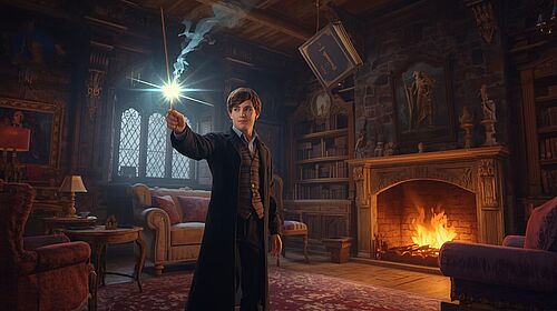 Ein junger Magier schwingt seine Zauberstab und ein Buch fliegt in seine Richtung.
