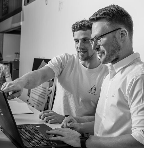 Programmieren im Büro in der HEC Zwei Männer am Monitor, zeigend
