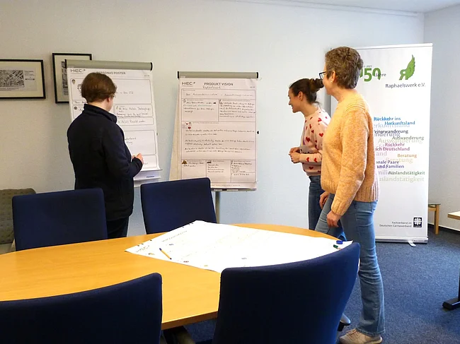 Drei Frauen stehen in einem Raum an Flipcharts.