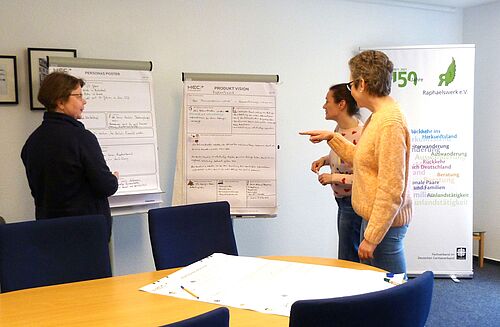 Drei Frauen stehen in einem Raum an einem Flipchart.