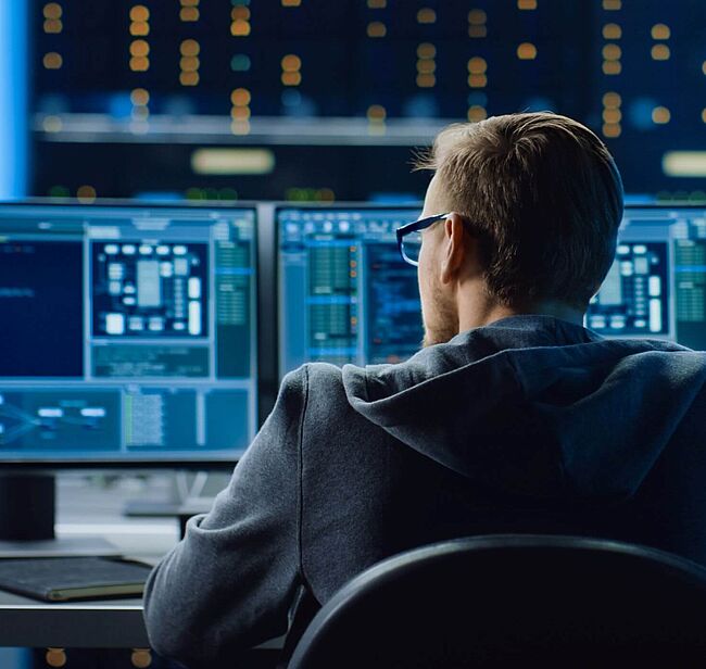 Ein Mann sitzt vor drei Computermonitoren mit Code