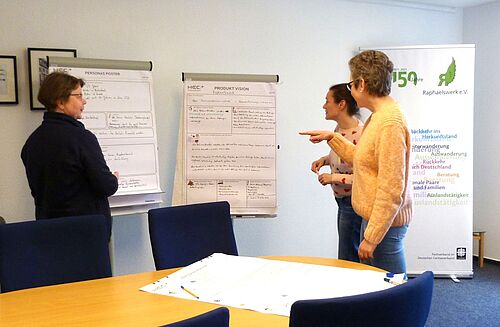 Drei Frauen stehen in einem Raum an einem Flipchart.