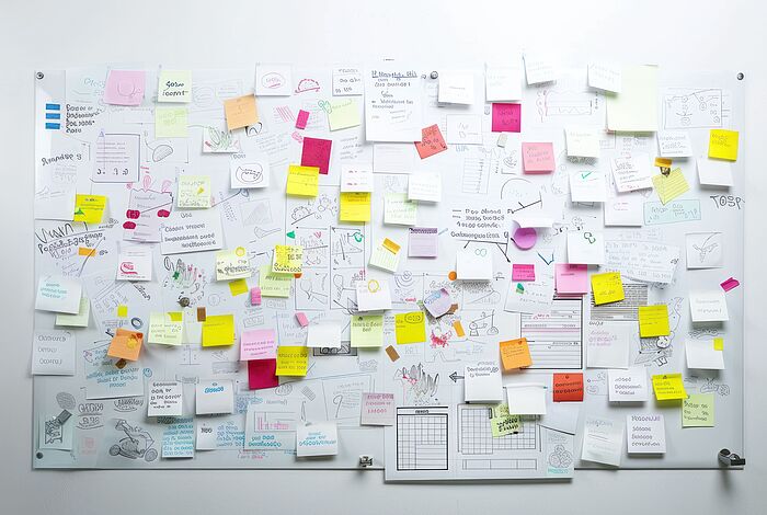 Auf eine Wand sind verschiedene Zettel und Zeichnungen chaotisch durcheinander geheftet.