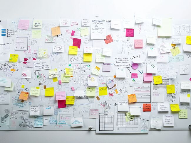 Auf eine Wand sind verschiedene Zettel und Zeichnungen chaotisch durcheinander geheftet.