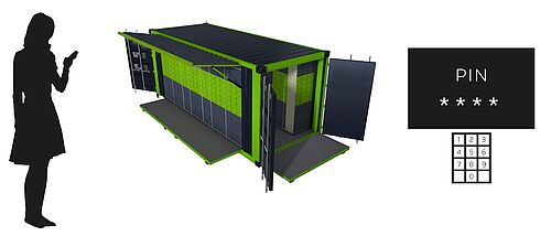 Grafik in der eine Frau auf einen Container mit Schließfächern schaut