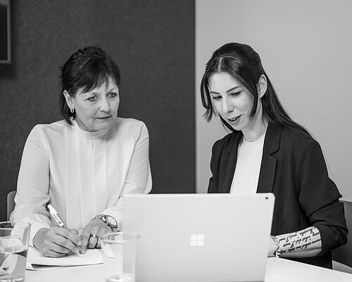 Eine Frau zeigt einer anderen an einem Besprechungstisch eine Anwendung am Laptop.