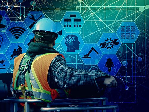 Arbeiter von hinten, welcher orangene Arbeitskleidung trägt. Viele Laserstrahlen links und rechts. 