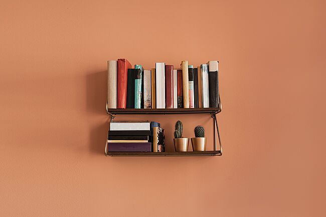 Regal mit Büchern an einer orangen Wand Regal mit Büchern an einer orangen Wand