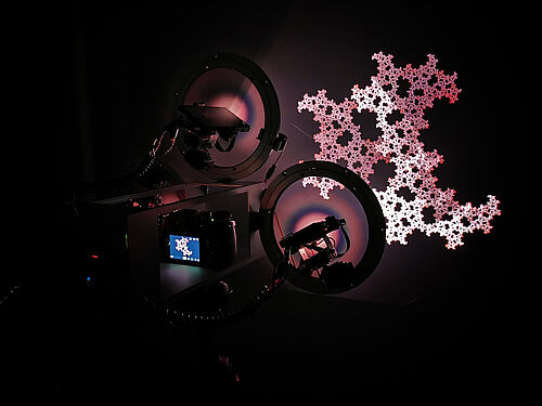 Eine Kamera und ein Projektor erzeugen eine Videoprojektion an einer Wand