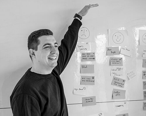 Ein Mann vor einem Whiteboard stellt Post-it Zettel vor