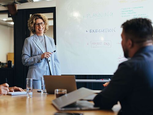 Eine Frau steht vor einem Whiteboard und erläutert zwei Männern etwas in einem Projektmeeting.