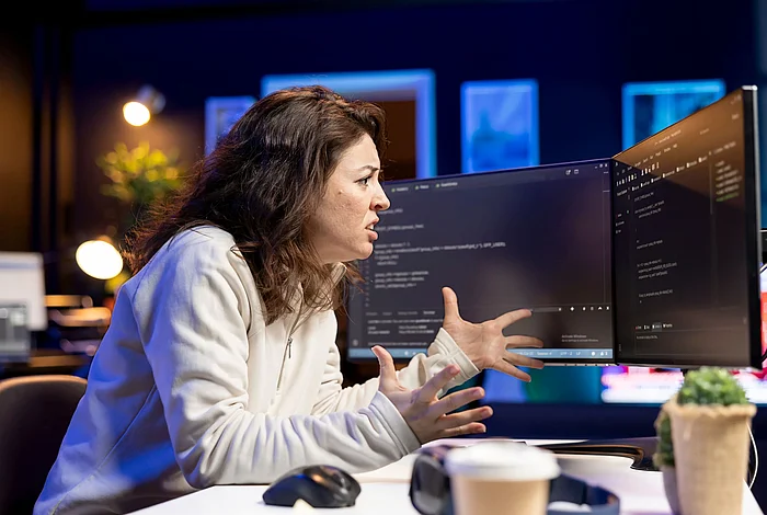 Eine Programmiererin sitzt verärgert vor ihren Monitoren