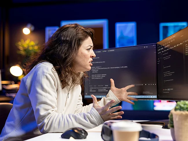 Eine Programmiererin sitzt verärgert vor ihren Monitoren