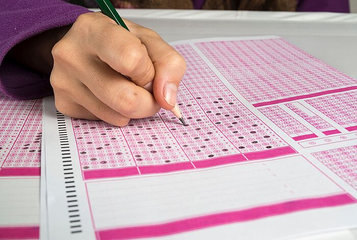 Pinker Fragebogen wird ausgefüllt