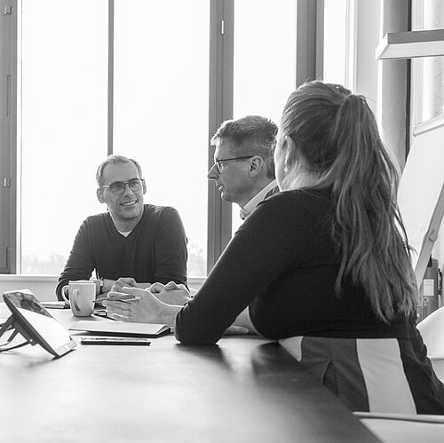 Mehrere Personen sitzen an einem großen Besprechungstisch mit Sonnenlicht.