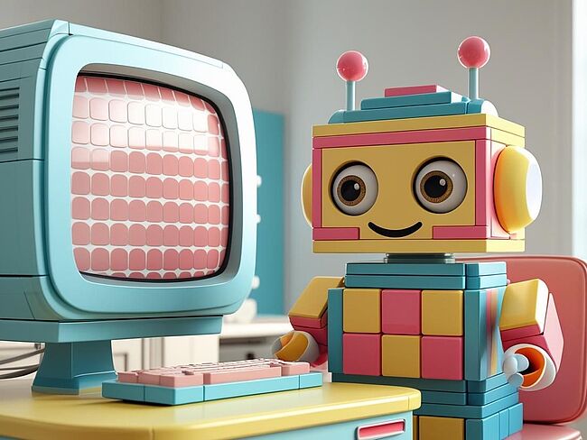 Ein Roboter am Computer aus Klemmbausteinen im Retro-Design