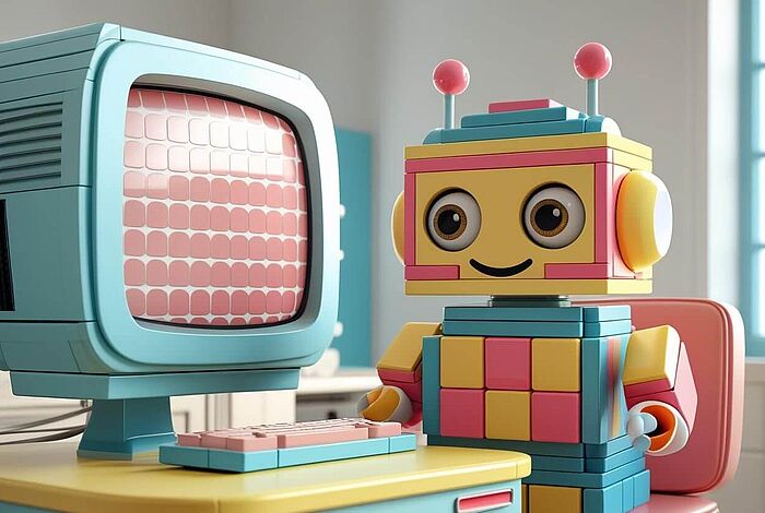 Ein Roboter am Computer aus Klemmbausteinen im Retro-Design